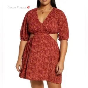 OPEN EDIT PRINTED CUTOUT PUFF SLEEVE MINIDRESS IN RUST